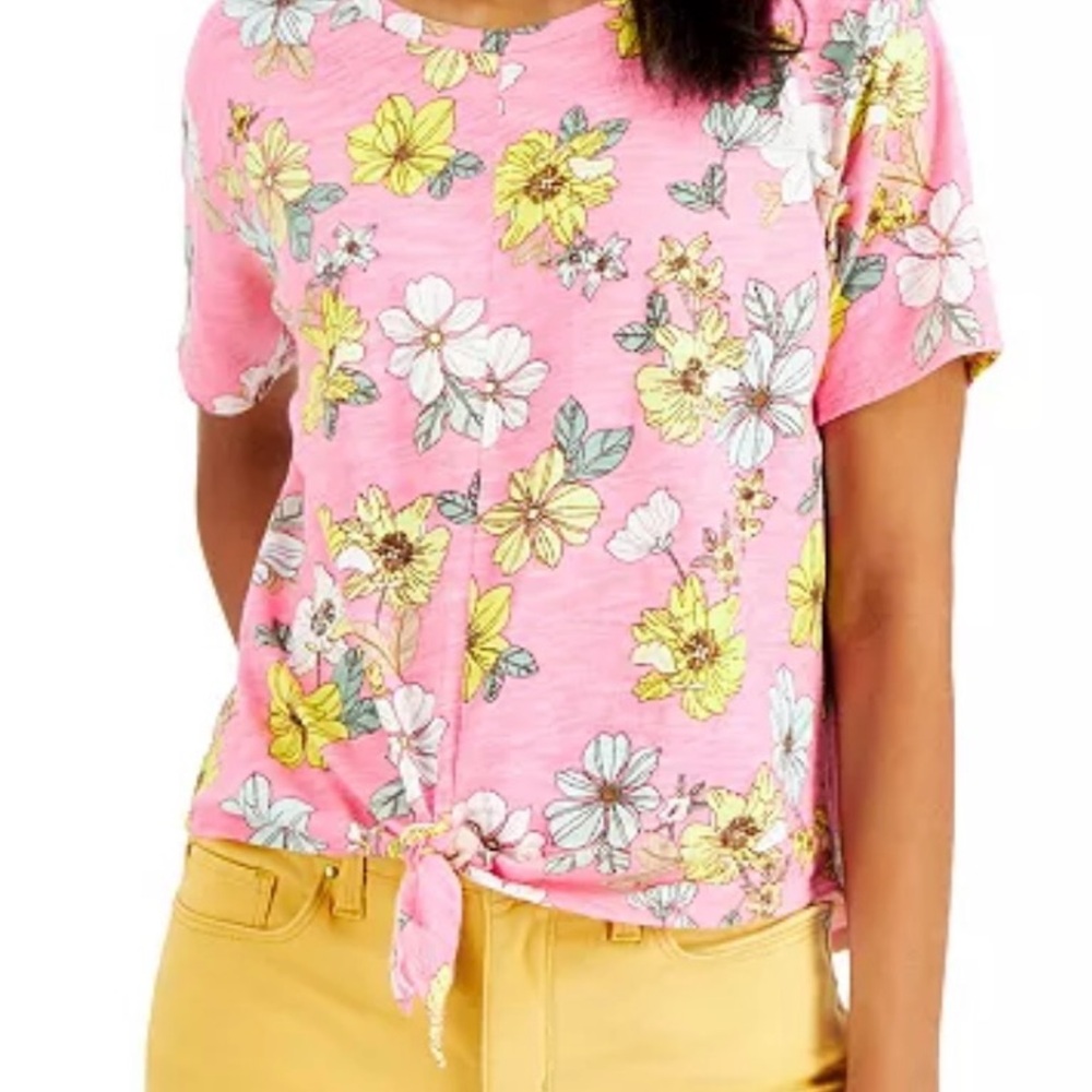 Charter Club Pink Tie-Front Short Sleeve Tee